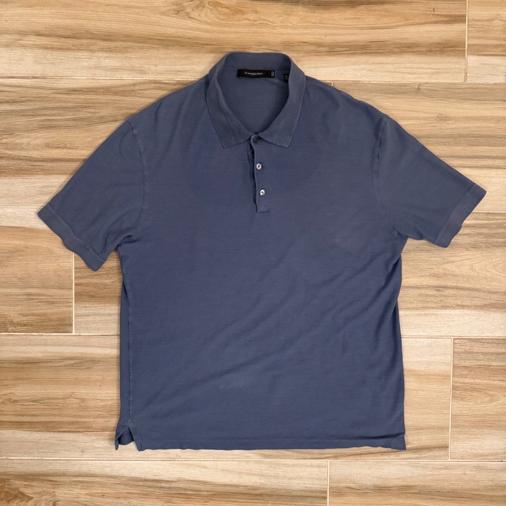 Ermenegildo Zegna Mens Blue Silk Cotton Blend Polo Shirt XL 54 Short Sleeve